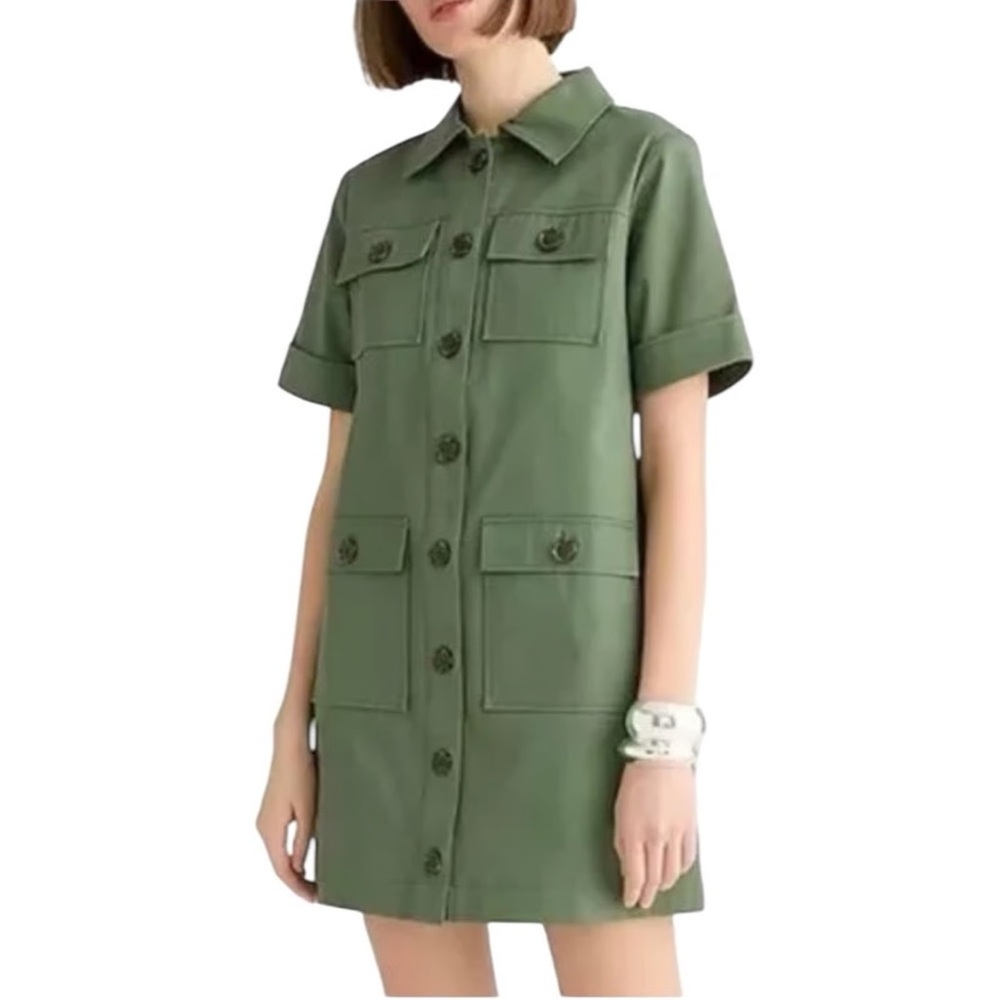 J Crew Gamine Mini Shift Shirt Dress Stretch Twill Utility Forest Green Size 2